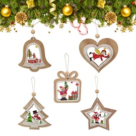 Larfraecy Pack of 5 Christmas Tree Decoration, Hollow Wood Carved Hanging Pendant with String, Wooden Christmas Tree Hanging Ornaments for Holiday, Party Decoration