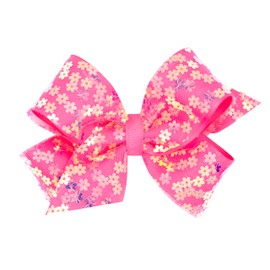 Wee Ones Girls' Medium Spring Sequin Flower Tulle Grosgrain Overlay Hair Bow on WeeStay clip, Handmade, Hot Pink