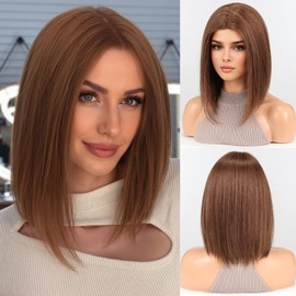 starluck Human Hair Wig for Women Wigs Real Human Hair Wigs Brown Layered Bob Wig 12 Inch Silk Base Realistic and Resistant for Daily Party Use