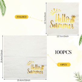 Outus 100 Pcs Cocktail Napkins Hello Summer Pineapple Paper Napkins 3 Ply Gold Foil Beverage Paper Napkins Disposable 5 x 5 Inch for Dessert Birthday Tropical Beach Hawaii Luau Theme Party Decoration
