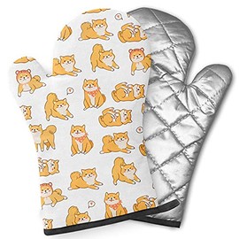 Pairs of Decorative Oven Mitts, Heat Resistant Kitchen Gloves for Cooking, Baking, Grilling (Kawaii Shiba Inu Dogs Various)