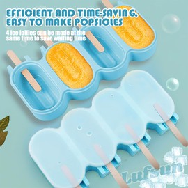 Popsicle Silicone Mold Set 1 Pcs Elliptical with Lids Ice Cream Make Molds and 50 Wooden Sticks Reusable Ice Pop Molds (Blue, Standard Size 4 Cavities)