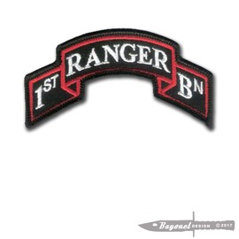 Bayonet Design TM - Modern US 1st Ranger Battalion Ranger Scroll - 3 7/8" x 2" (Dress RED - Black) Hook & Loop Backed - SUA Sponte - Merrowed Edge - US Army Ranger - Airborne Ranger