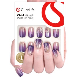 Curvlife Press On Nails Kit - Full Cover False Nail Tips with Trendy Designs, Reusable & Glue Included - Easy Application Nail Accessories for Women (gradient purple lines, Medium)