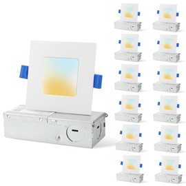 HONZIN 12 Pack 3 Inch Square Recessed Lighting, 5CCT Ultra Thin Square Recessed LED Downlight with Junction Box, 2700K/3000K/3500K/4000K/5000K Selectable, Dimmable,6W, Canless IC Rated, White Trim