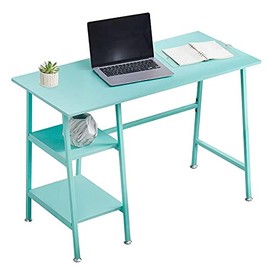 VECELO Computer Writing Desks Wooden Study Table with 2 Tier Storage Shelves on Left or Right for Laptops, Modern Simple Workstation with Metal Frame for Home Office, 43x20 inch, Blue