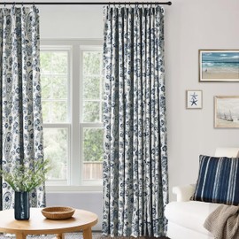 90 Inch Long Modern Pinch Pleat Blackout Window Curtains for Living Room 2 Panel Set Dark Blue Floral Printed Patterned Grandmillennial Preppy Curtains for Bedroom