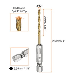 sourcing map 10pcs 1/4" Hex Shank Drill Bit 3/32" Gold Titanium M2 High Speed Steel Twist Drill Bit 135 Degree Split Point Tip Drilling Tool with Quick Change Hex Shank for Metal Wood Plastic