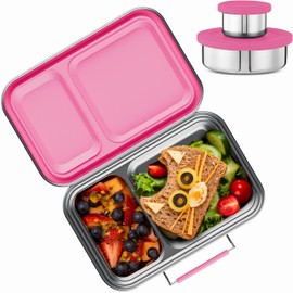 AOHEA Stainless Steel Lunch Box for Kids, Leak Proof Bento Lunch Box BPA Free 304 Stainless Steel Bento Box Stainless Bento Box with Containers for School and Office(Pink)