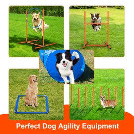 GeerDuo Dog Agility Training Equipment, Obstacle Agility Training Starter Kit for Doggie, Including Tunnel, 27 Weave Poles, Adjustable Hurdle, Jump Ring, Pause Box and Carrying Bag(Blue,L)