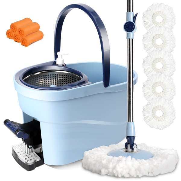 Masthome Mop and Bucket with Wringer Set, Spin Mop and Bucket with Foot Pedal, 5 Reusable Mop Refills & 5 Cleaning Cloths Included, Floor Cleaning System for All Floor Surfaces