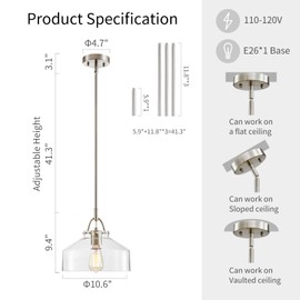 WUZUPS Chandelier Rustic Farmhouse Industrial Round Ceiling Pendant LED Light Fixture with Clear Glass Shades for Dining Room Kitchen Island Foyer Entryway, H 9.4" x W 10.6", E26 Base, Brushed Nickel