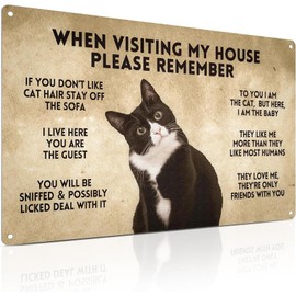 Funny Tuxedo Cat Rules Metal Sign - When Visiting My House Please Remember - Black Cat Apartment Decor for Cat Lover, Retro Room Decor Caution Sign 8x12 Inch