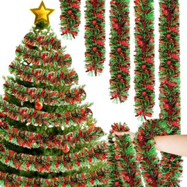 50 Feet Christmas Tinsel Garland,Metallic Twist Hanging Wreath Glitter Xmas Tree Decorations Party Supplies for Home,Stairs,Indoor,Outdoor Ornament(Red,Green)