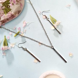 Dishowme Bar Necklace Earrings Sets Long Vertical Bar Pendant Necklace Ball Drop Jewelry for Women (Silver)