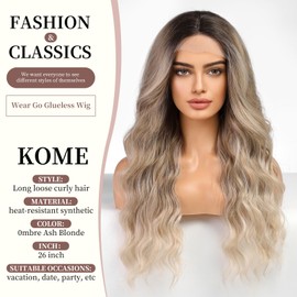 KOME Ombre Ash Blonde Long Wave Wigs for Women,Put On Go Glueless Lace Front Wig,Middle Part Synthetic Wig for Daily Party Use 26IN