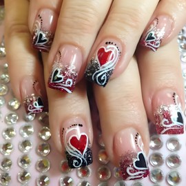 Valentines Press on Nails Medium Square Heart Fake Nails with Curve Stripes Designs Black Red Glitter French Tip False Nails Reusable Stick on Nails for Women Girls Holiday Manicure 24Pcs