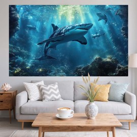 7x5ft Shark Theme Backdrop Underwater Deep Ocean Animals Fish Photography Background Aquarium Kids Banner Decoration for Birthday Photo Booth Props