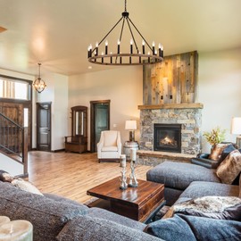 40 Inch Wood Grain Wagon Wheel Chandelier - 20-Light Farmhouse Adjustable Height Round Wrought Iron Ceiling Light Fixture for High Ceiling, Living Room, Dining Room, Entryway, E12 Bulb Base