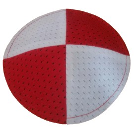 Red and White Sports Mesh Kippah.  Yarmulkah Yamaka Skull cap, kipa, kippah 15cm