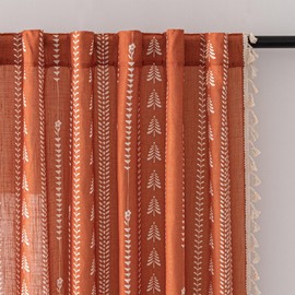 MEETSKY Boho Burnt Orange Curtains 63 inch Length for Living Room 2 Panels Terracotta Rust Colored Farmhouse Curtains Rustic Vintage Semi Sheer Linen Floral Patterned Drapes with Tassels