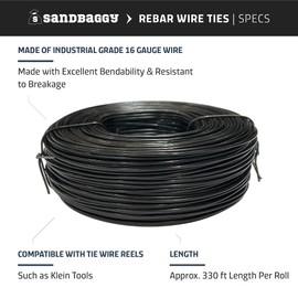 Sandbaggy Rebar Tie Wire Reel 16 Gauge | Approx. 330 ft Length Roll | Great for Securing Rebar | Excellent Bend-Ability | Black Annealed Industrial Grade Steel (Black Annealed, Pack of 20)