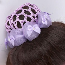 4pcs Solid Colors Hair Snoods with Flowers Deco Hair Net Bun Colors for Girls Hairs Accessories for Dancers Skating (Pink+Black+Blue+Purple, Set of 4)