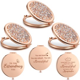 Chunful 3 Pieces Magnifying Compact Cosmetic Mirror 2.75 Inch Round Pocket Makeup Mirror Travel Handheld Compact Mirror Engraved Purse Mirrors with Inspirational Quote for Women Girls, Rose Gold