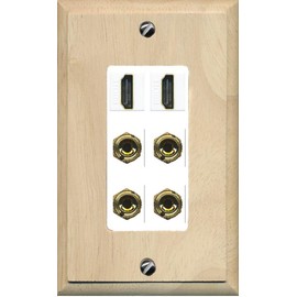 RiteAV 2 Speaker 4 Banana Binding Post Wall Plate with 2 HDMI Jacks - 1 Gang Decorative [Wood/White]