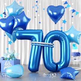Blue Number 70 Balloons, Dark Blue Number 70 Balloons, 70 Number Balloons Set, Bule Foil Star Heart Balloons With Long Balloons For Boys man 70th Birthday Party 7th Kids Baby Shower Decorations