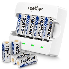 Rapthor RCR123A Rechargeable Batteries 750mAh 8 Pack with Charger