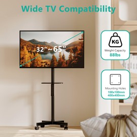 WALI Rolling TV Stand for 34-65 inch with Laptop Shelf, Height Adjustable Mobile TV Stand with Wheels, TV Floor Stand with Power Outlet, Up to 88lbs, Max VESA 400x400mm (AVC001-PN), Black
