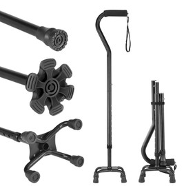 Adjustable Walking Cane for Women ＆ Men with 4-Pronged Base for Extra Stability, Foam Padded Offset Handle for Soft Grip, Foldable Cane for Seniors for Stability with 3 Different Cane Tips