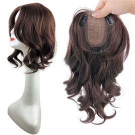 Natural Wavy 14" Middle Part Hair Topper 10x13cm Mixed Hair Clip in French Style Wig Dark Reddish Brown