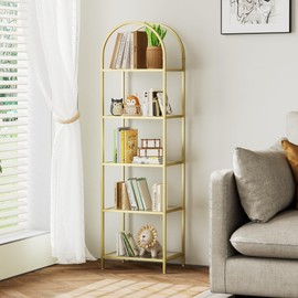 Homhedy 5-Tier Narrow Bookshelf Arched Display Rack, Skinny Tall Bookcase, Metal Frame and Tempered Glass Shelves, Ideal for Home Office, Living Room, Bedroom, Study, Bathroom, Modern Style, Golden