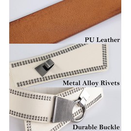 Vintage Studded PU Leather Wide Belt for Women – Premium Metal Alloy Rivets, Adjustable, Elastic Waistband for All-Day Comfort, Durable Buckle (Khaki, Large(29.5"-36"))