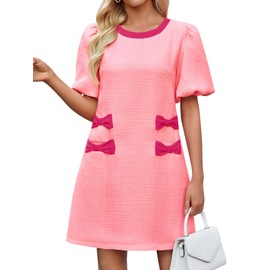 Wenrine Womens Summer Mini Dress Casual Tweed Short Sleeve Bow Work Business Dresses with Pockets Pink