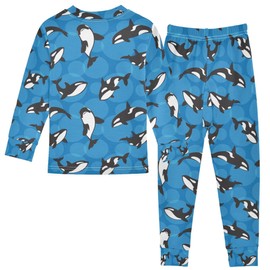 Vozoza Orca Killer Whale Blue Pajama Sets Long Sleeve Top with Pants Cotton Soft Sleepwear 2 Piece Pjs Set, 8 Years Old
