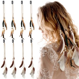 8 Pcs Feather Hair Clips Hippie Handmade Boho Hair Extensions with Feather Clip Comb Braided Beads Headdress Hippie Feather Headpiece DIY Pirate Hair Accessories for Women Girls (Fresh Style)