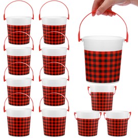 Yiyiring 12 Pcs Christmas Plastic Bucket with Handle 4.69 x 3.78 x 4.8 Inch Treats Storage Pails 32 oz Red and Black Buffalo Plaid Candy Bucket for Xmas Winter Holidays Party Favors