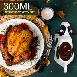 Ceramic Gravy Boat, 11oz/300ml White Gravy Boat Milk Cow Sauce Jug with Smooth Handle - Perfect for Salad Dressing, Broth, Cream, Milk - Unique Artwork for Your Kitchen