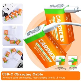 CARDIENS Rechargeable 9v Batteries USB 9 Volt Battery for Smoke Alarms 3700 mWh 9v Lithium Battery with 4-in-1 USB-C Charging Cable and LED Charge Indicator, 4-Pack