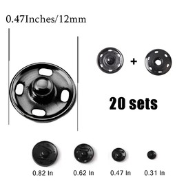 MIUPOO Metal Sew On Snap Buttons, Fasteners Press Studs for Sewing Clothes Jeans Overcoat DIY,0.47Inches/12mm Dia Snaps,20 Sets,Black