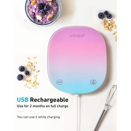 arboleaf Küchenwaage mit App 10kg, digitale Küchenwaage mit Kalorienzähler, Waage Küchenwaage USB aufladbar mit Bluethooth und LED-Display, Essenwaage 0,5g Richtigkeit aus gehärtetes Glas(Bunt)