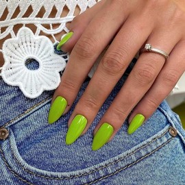 KQueenest Acrylic Press on Nails Almond Medium Length, Light Green False Nails Almond, Glossy Solid Color Stiletto Fake Nails Set, Natural Reusable Gel Stick on Nail for Women Finger Daily Wear 24 Pcs