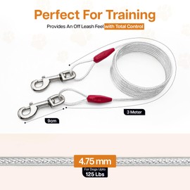 10ft Dog Tie Out Cable for 125lb Dogs with 360° Swivel Lockable Hook and PVC Coating | Outdoor Training Lead | Durable Pet Runner Tether | Tie Out Cable for Dogs