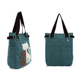 Valentoria - Bolso de lona para mujer, diseño de gato, bordado de hombro, gran cierre, viajes, trabajo, compras, bolsas de comestibles, Verde, Large, Lindo