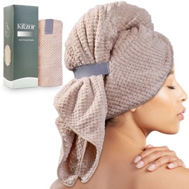 Kitzor Microfiber Hair Towel Wrap for Women - Ultra Soft and Absorbent Hair Towel with Elastic Band for Curly, Thick or Long Hair - Beige