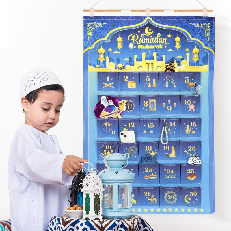 DPKOW Ramadan Advent Calendar 30 Pockets, Linen Fabric Ramadan Hanging