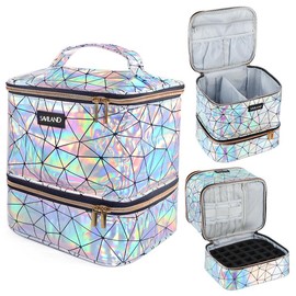 SAVILAND Nail Polish Organizer Bag: PU Leather Case Holds 30 Bottles & a Nail Lamp Holographic Organized Nail Tech Supplies Perfect for Storage Travel - Color: Pink